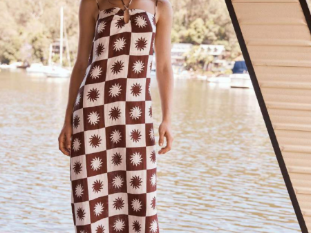 Sun Checker Print Linen Midi Dress Fashion